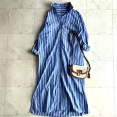美品 アーバンリサーチアイテムズ 長袖コットンストライプワンピース F ブルー