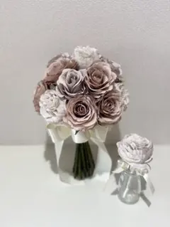 ラウンドブーケ アーティフィシャルフラワー ブートニア くすみカラー ベージュ