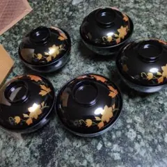 5客セット】蓋付きお椀 吸物椀 汁椀 漆器風黒塗り 金彩 花柄 昭和