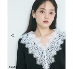 BASEMENT online Vネックレースニット　ブラック