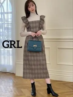 0387 GRL チェック柄バックリボンフリルビスチェ ボルドー