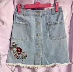 花柄 刺繍 デニムスカート
