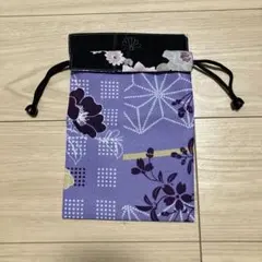 和装巾着袋 紫色 花柄 巾着ポーチ　リバーシブル