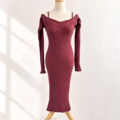 GRL グレイル オフショル リブニット ロングワンピース S ボルドー