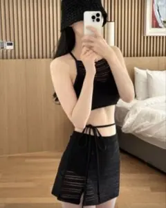 黒 セパレート水着 ストライプ編み