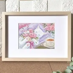 No.13『白猫と朝のミルク』 【額装作品】オイルパステル画 猫の絵 原画