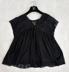 ヌキテパ 2way フレンチスリーブ ブラウス レース ピンタック　黒　美品のサムネイル