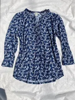H&M 花柄 チュニック丈ブラウス ネイビー系 ゆったり 体型カバー 長袖