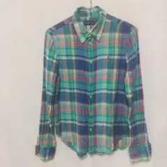 ラルフローレン 長袖リネンシャツ マドラスチェック 麻100%Sサイズ XSTP