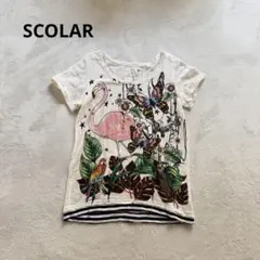 SCOLAR Tシャツ　フラミンゴ柄 半袖 カラフル ボタニカル柄　綿100%