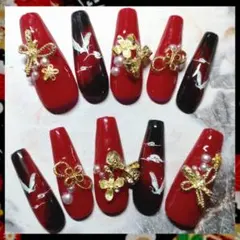 【現品販売】成人式ネイルチップ Cレッド×ブラック