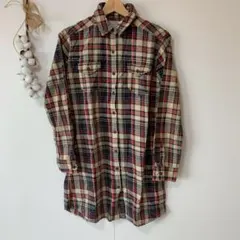 ノーブランド シャツ ブラウス ロングシャツ ネイビー Free チェック 長袖
