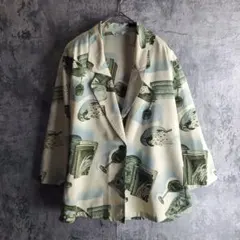 【ヴィンテージ】古着 テーラードジャケット 総柄 くすみカラー モダン レトロ