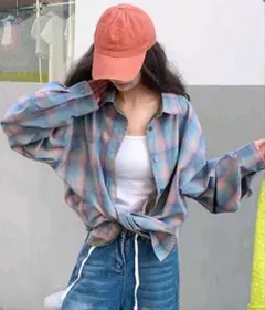 チェック柄 長袖 ドロップショルダー ボタンアップシャツ ランダムパネル