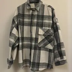 チェック柄 厚手シャツ 長袖 ホワイト/ブラック
