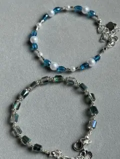 青と透明ビーズブレスレット2本セット[ハンドメイド］