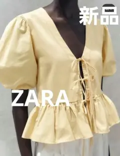 新品　ZARA　リボン付きベプラムブラウス　パフスリーブのサムネイル