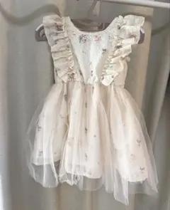 ベビードレス　フリル付き花柄チュールワンピースとヘアバンドセット