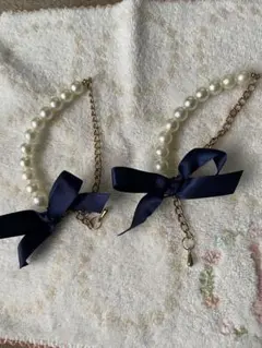 パンプス　足首　チャーム　パール　リボン