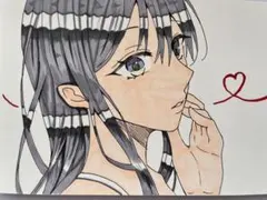 手描きイラスト】オリジナル 美少女 原画 コピック はがきサイズ 一点