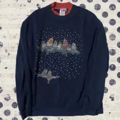 ネイビー 鳥プリント クルーネック トレーナー L