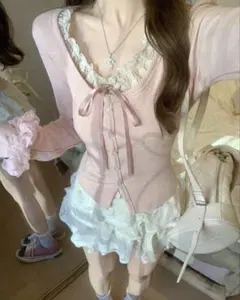 ピンク レース付き 長袖トップス
