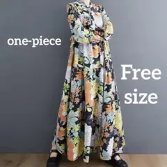 マキシ丈ワンピース 花柄 ティアー ボタニカル 体型カバー 春夏 イエロー