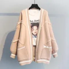 カーディガン ニット アウター 羽織り ダメージ トップス Ⅴネック ピンク