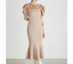 rienda ベージュ リブ編み ニットワンピース 半袖