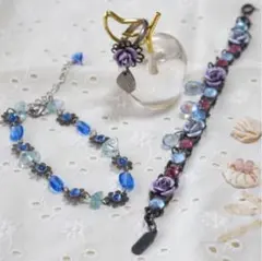 最近流行のビーズアクセ＊ブレスレット&リング3点セット