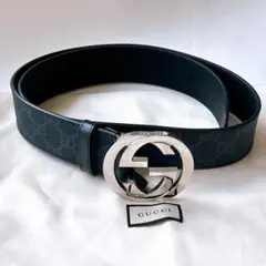 ほぼ未使用　グッチ　シマ インターロッキングG ベルト 85 GP×革 ブラック