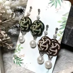 【和風】水引ブラック系ブラウン系ピアス　2点セット　イヤリングに変更可能