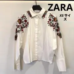 クリーニング済！ZARA XSサイズ 花柄刺繍入り 長袖シャツ 白　ドルマン
