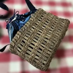 お値下げ 山葡萄国産かごバックショルダー巾着仕様古布藍染め型染め格子木綿雪ん子