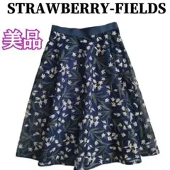 ストロベリーフィールズ 花柄チュールスカート 刺繍 フレア ネイビー　#7