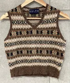90s RALPH LAUREN シルク混 ネイティブ柄 ニットベスト Vネック
