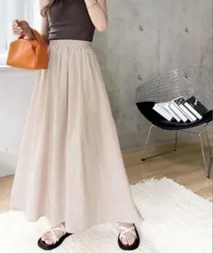 ベージュ チェック柄 フレアロングスカート