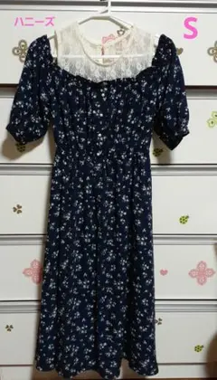 ハニーズ COLZA 花柄半袖オフショルダーロングワンピース ネイビー S
