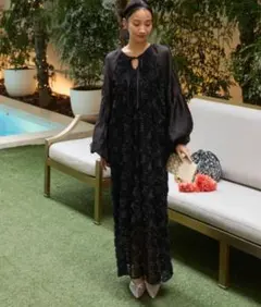 【オケージョン対応】フラワーモチーフシアーバルーンスリーブワンピース