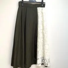 ロングスカート　レース濃緑フレアスカートM