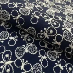 s16-n▼135×50cm▼コットンリネン刺繍生地▼蝶々　薄手　ネイビー