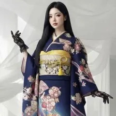 未使用に近い！！正絹振袖フルセット 黒地 桜柄 成人式に 駒刺繍