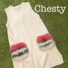 Chesty ファーポケット付ニットジレ　白　ピンクグレー