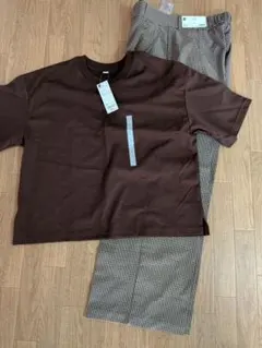 GU ブラウン XL Tシャツとチェックパンツ L セット