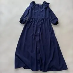 GUネイビー フリル襟 長袖ロングワンピースLサイズ