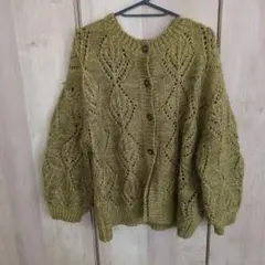 LOWRYS FARM オリーブグリーン レース編み カーディガン