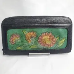 ＊a/フラワー 花 レザー カービング ラウンドファスナー 長財布 ウォレット