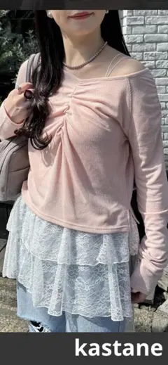 最終価格カスタネ　オフショルリブカットソーF ピンク　春夏　シャーリング