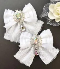 ヘアクリップリボン ホワイト 白 フリル レース 量産型 オーロラドロップ ミニ