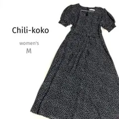 Chili-koko小花柄 半袖ロングワンピース 黒ブラックリボンＶネックM